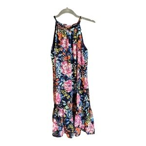 ROZ & ALI vibrant floral flow design sleeveless dress pearl tie back